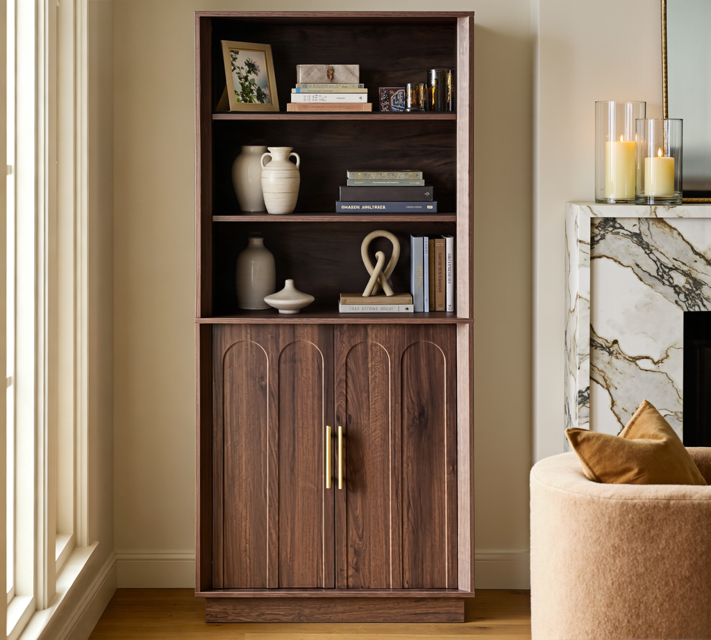 Wetalus 71" Mid-Century Modern Corner Cabinet with Arched Doors & Shelves, Walnut