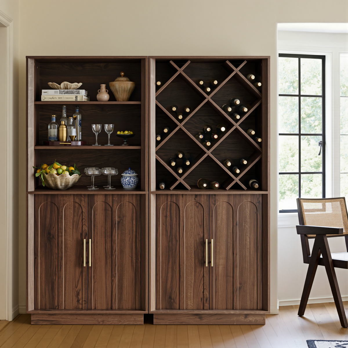 Wetalus 71" Mid-Century Modern Corner Cabinet with Arched Doors & Shelves, Walnut