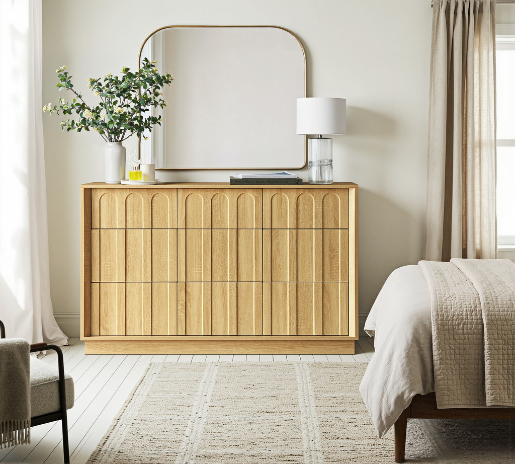 Wetalus 9-Drawer Spacious Mid-Century Modern Dresser with Ample Storage, 55", Oak
