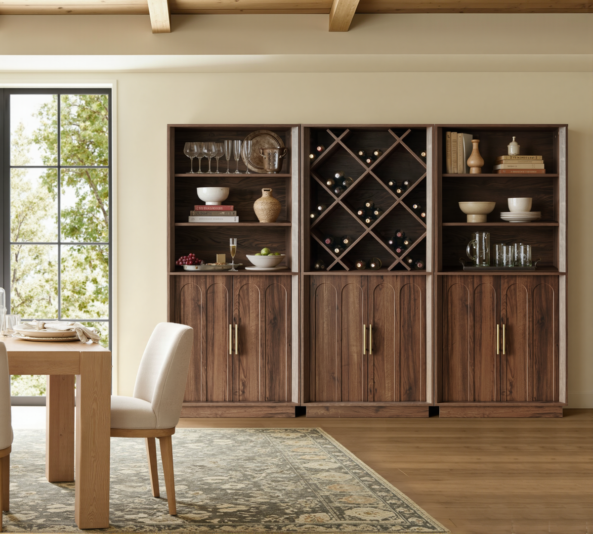 Wetalus 71" Mid-Century Modern Corner Cabinet with Arched Doors & Shelves, Walnut