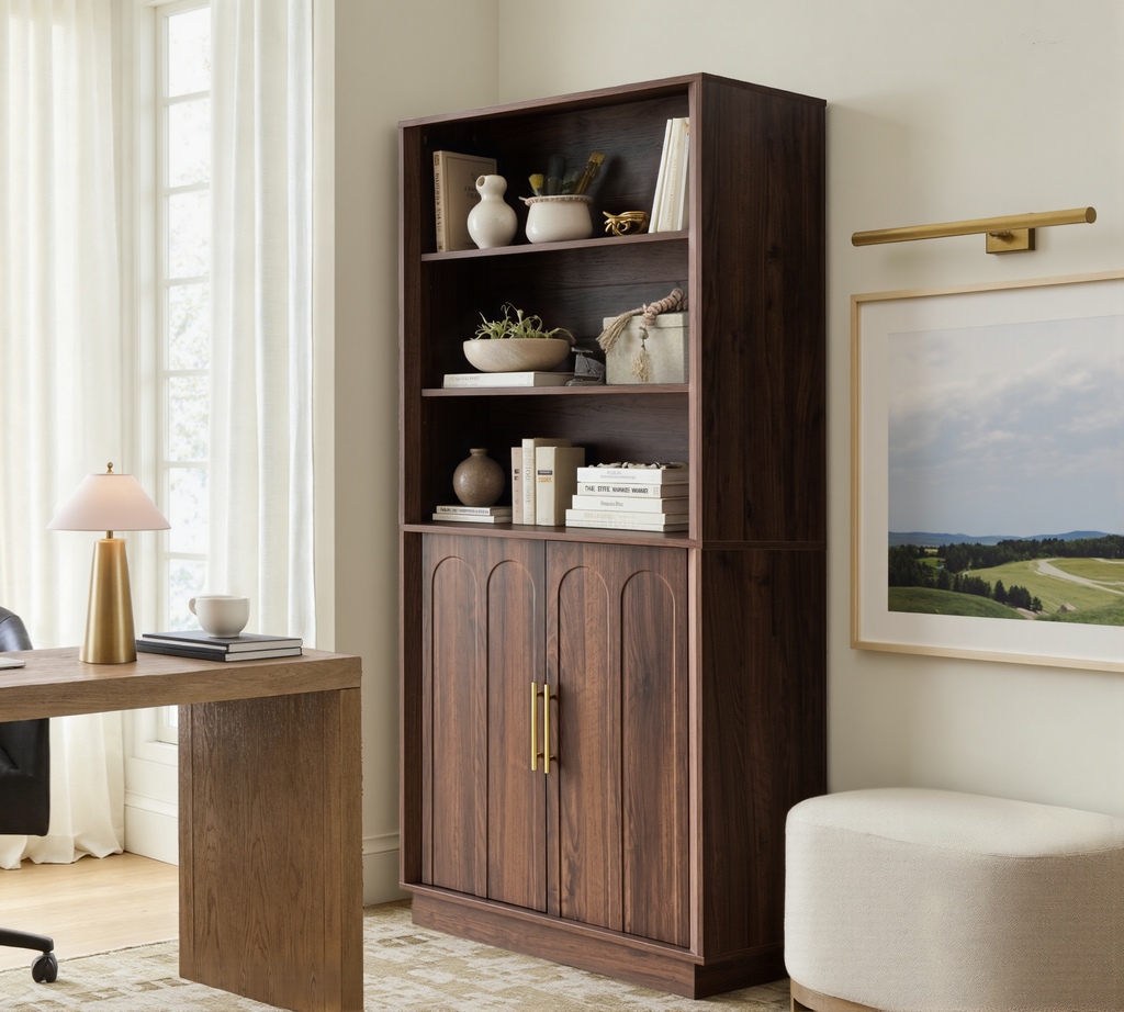 Wetalus 71" Mid-Century Modern Corner Cabinet with Arched Doors & Shelves, Walnut