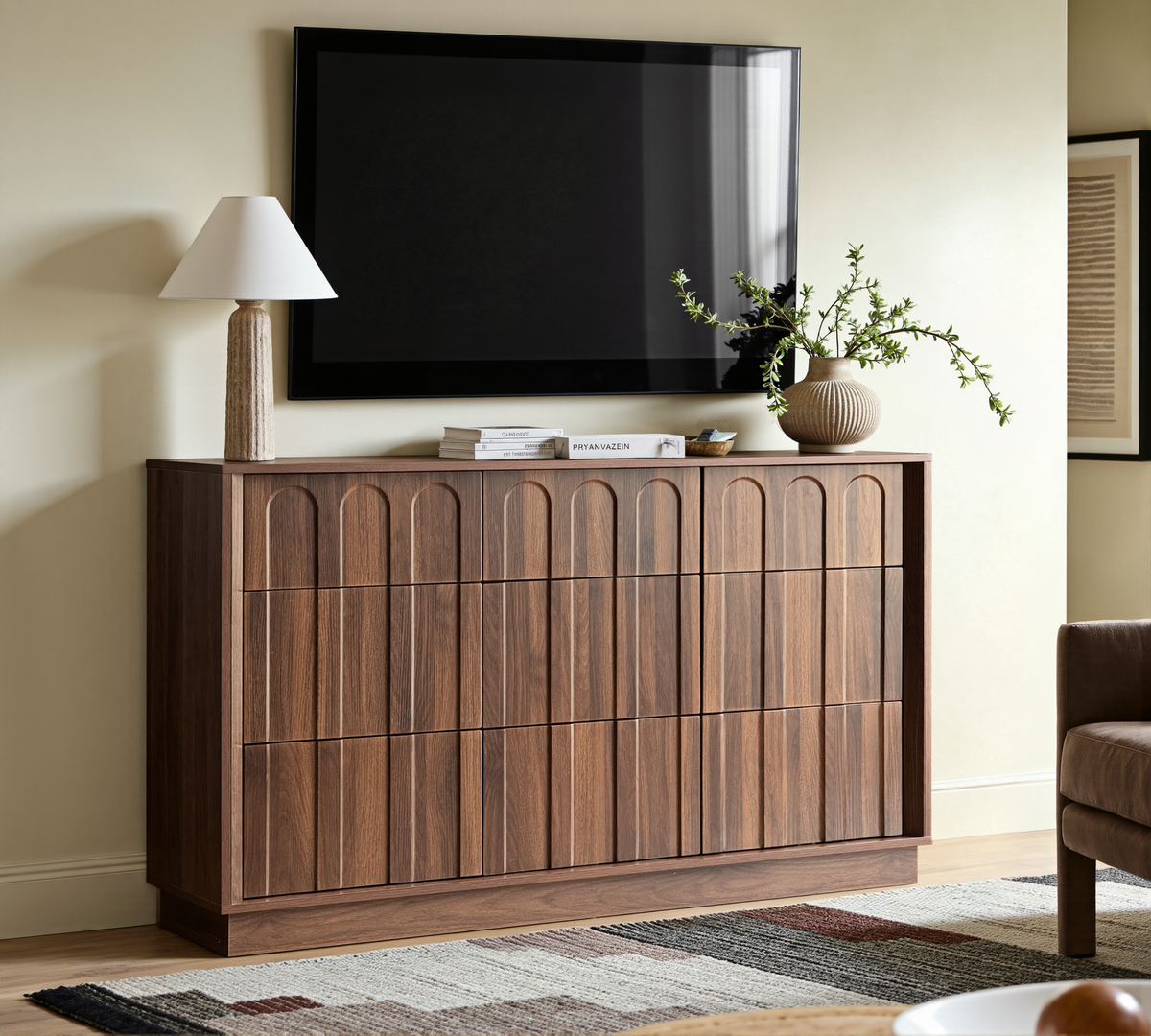 Wetalus 9-Drawer Mid-Century Modern Dresser with Ample Storage, 55", Walnut