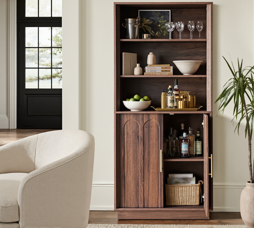 Wetalus 71" Mid-Century Modern Corner Cabinet with Arched Doors & Shelves, Walnut