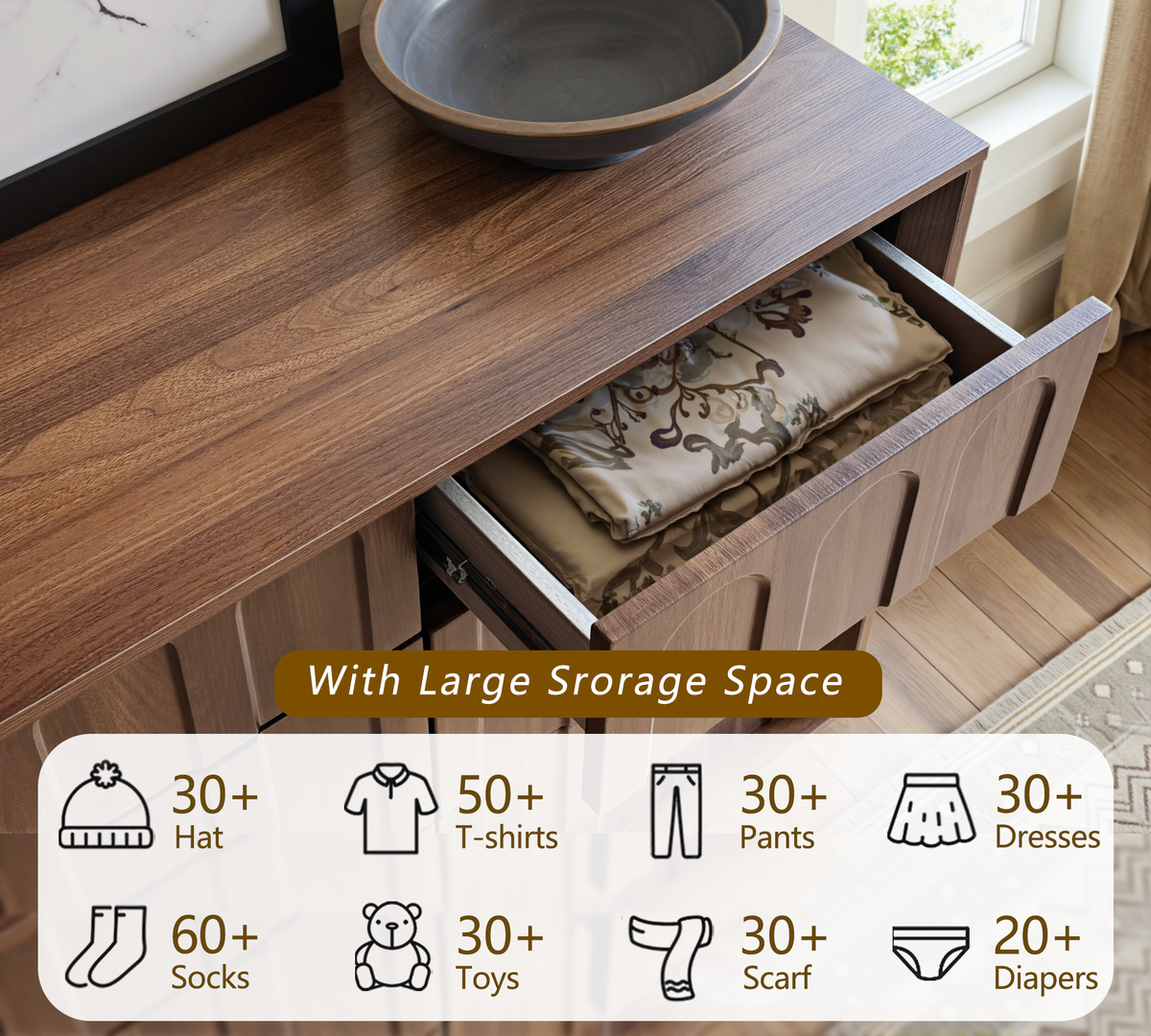 Wetalus 9-Drawer Mid-Century Modern Dresser with Ample Storage, 55", Walnut