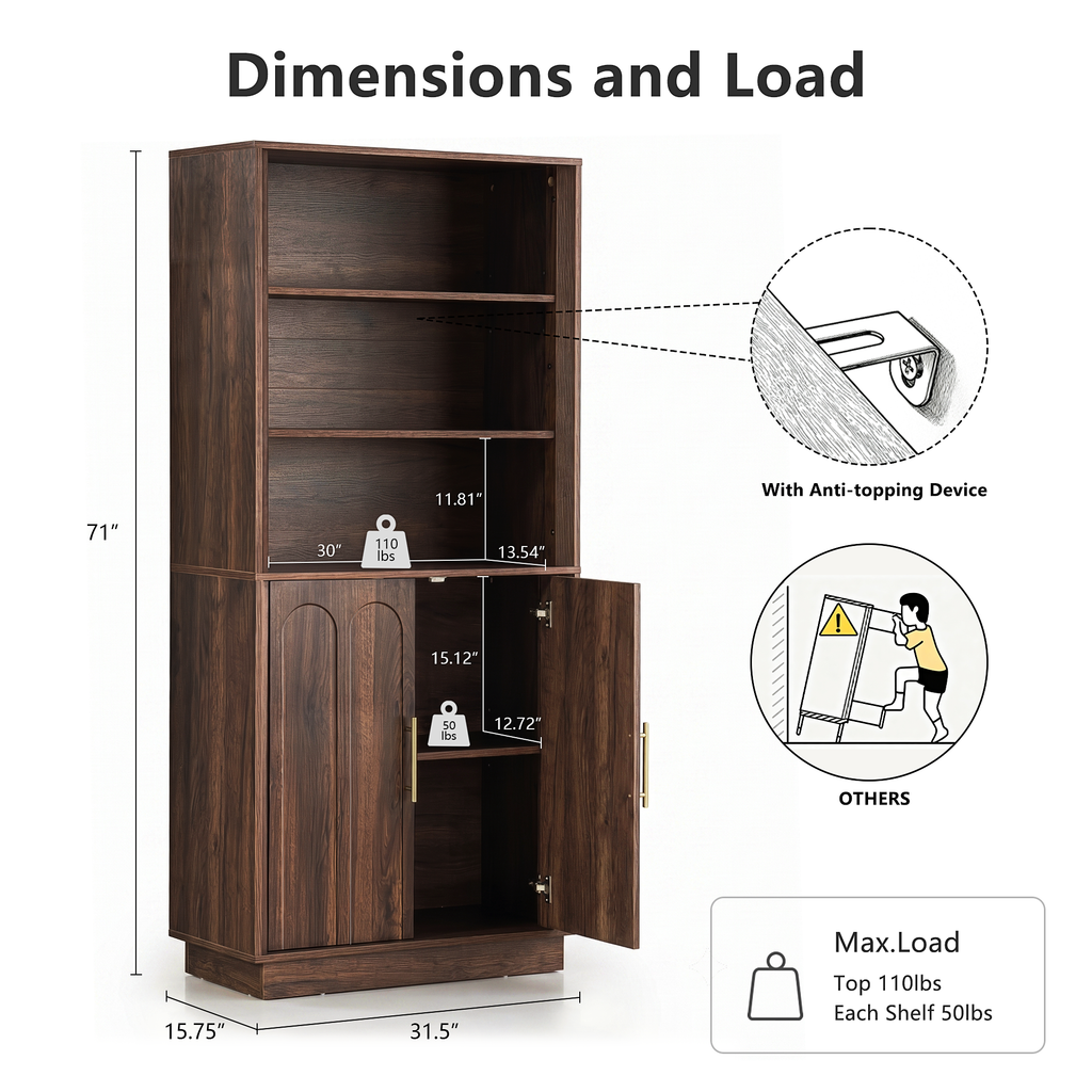 Wetalus 71" Mid-Century Modern Corner Cabinet with Arched Doors & Shelves, Walnut