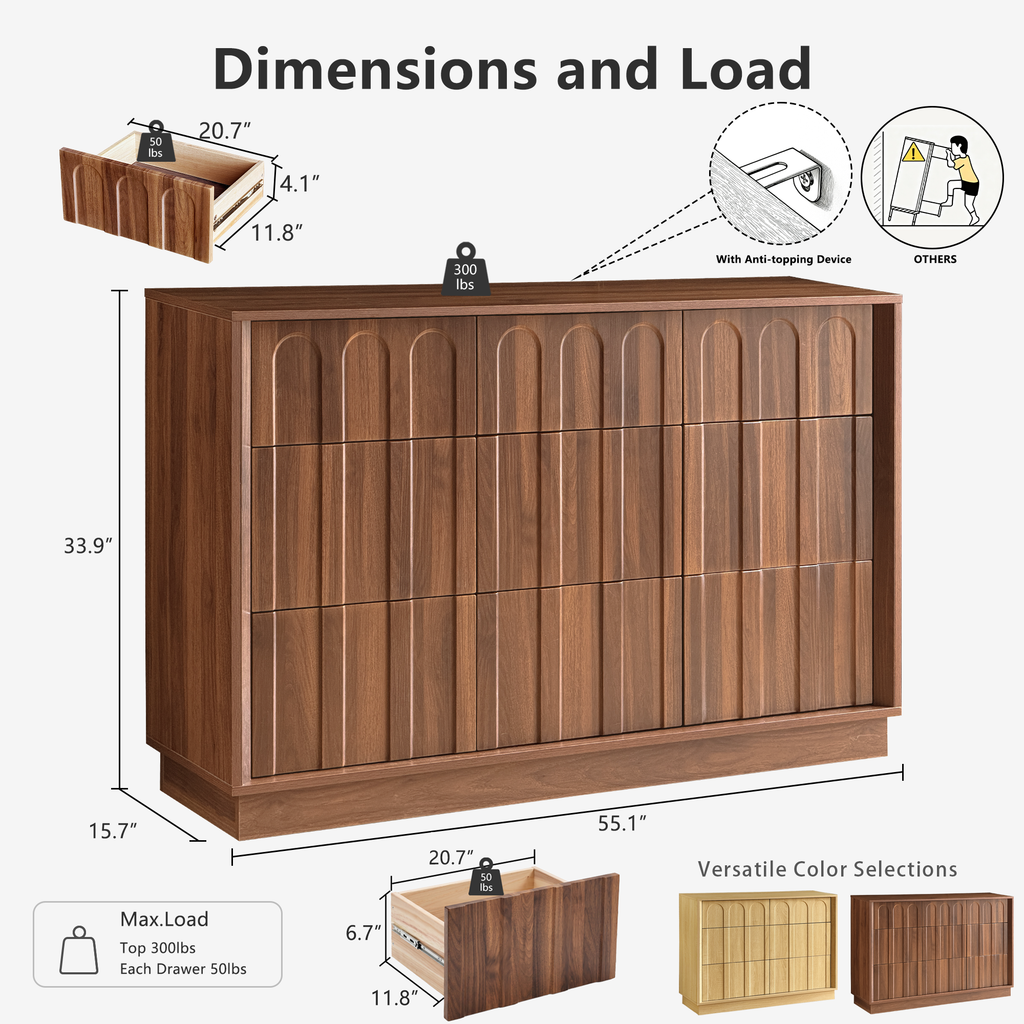 Wetalus 9-Drawer Mid-Century Modern Dresser with Ample Storage, 55", Walnut