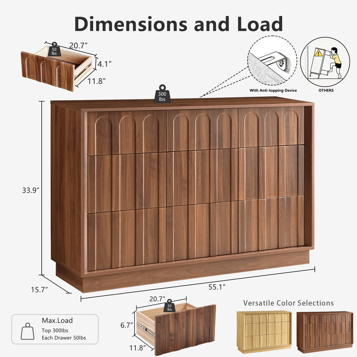 Wetalus 9-Drawer Mid-Century Modern Dresser with Ample Storage, 55", Walnut