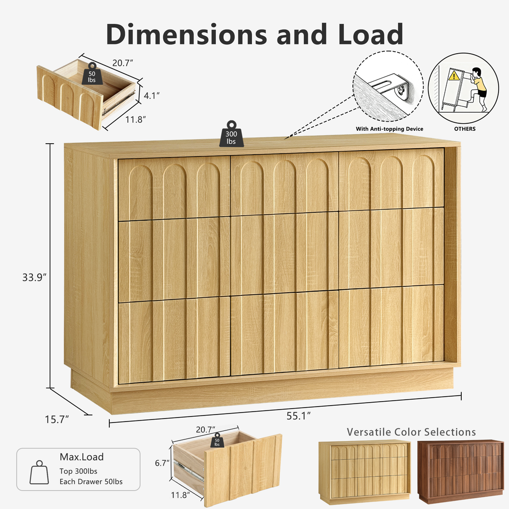 Wetalus 9-Drawer Spacious Mid-Century Modern Dresser with Ample Storage, 55", Oak