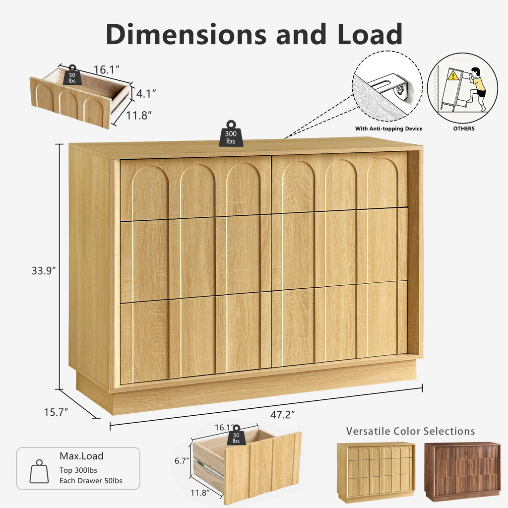 Wetalus 6-Drawer Spacious Mid-Century Modern Dresser with Ample Storage, 47", Oak
