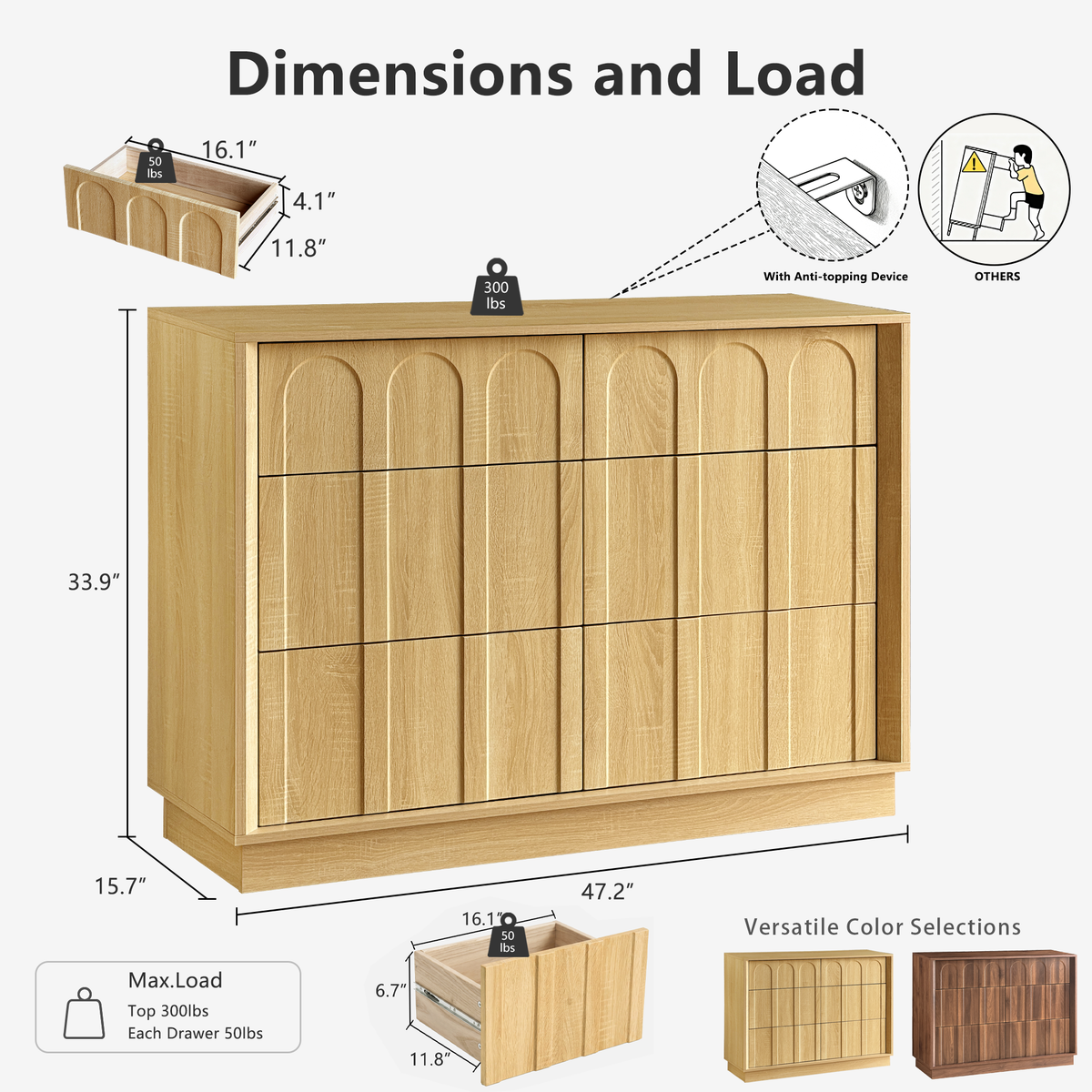 Wetalus 6-Drawer Spacious Mid-Century Modern Dresser with Ample Storage, 47", Oak