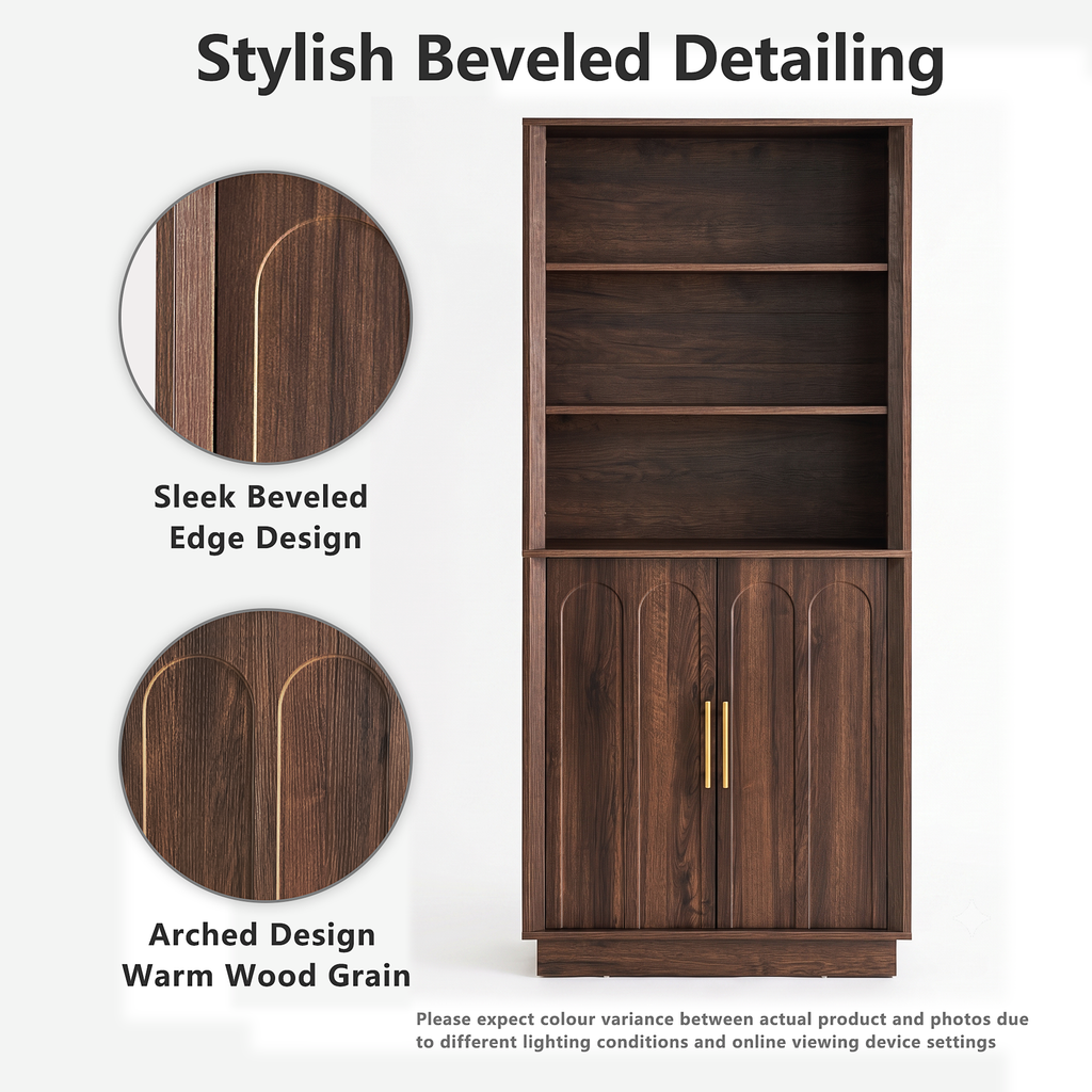 Wetalus 71" Mid-Century Modern Corner Cabinet with Arched Doors & Shelves, Walnut