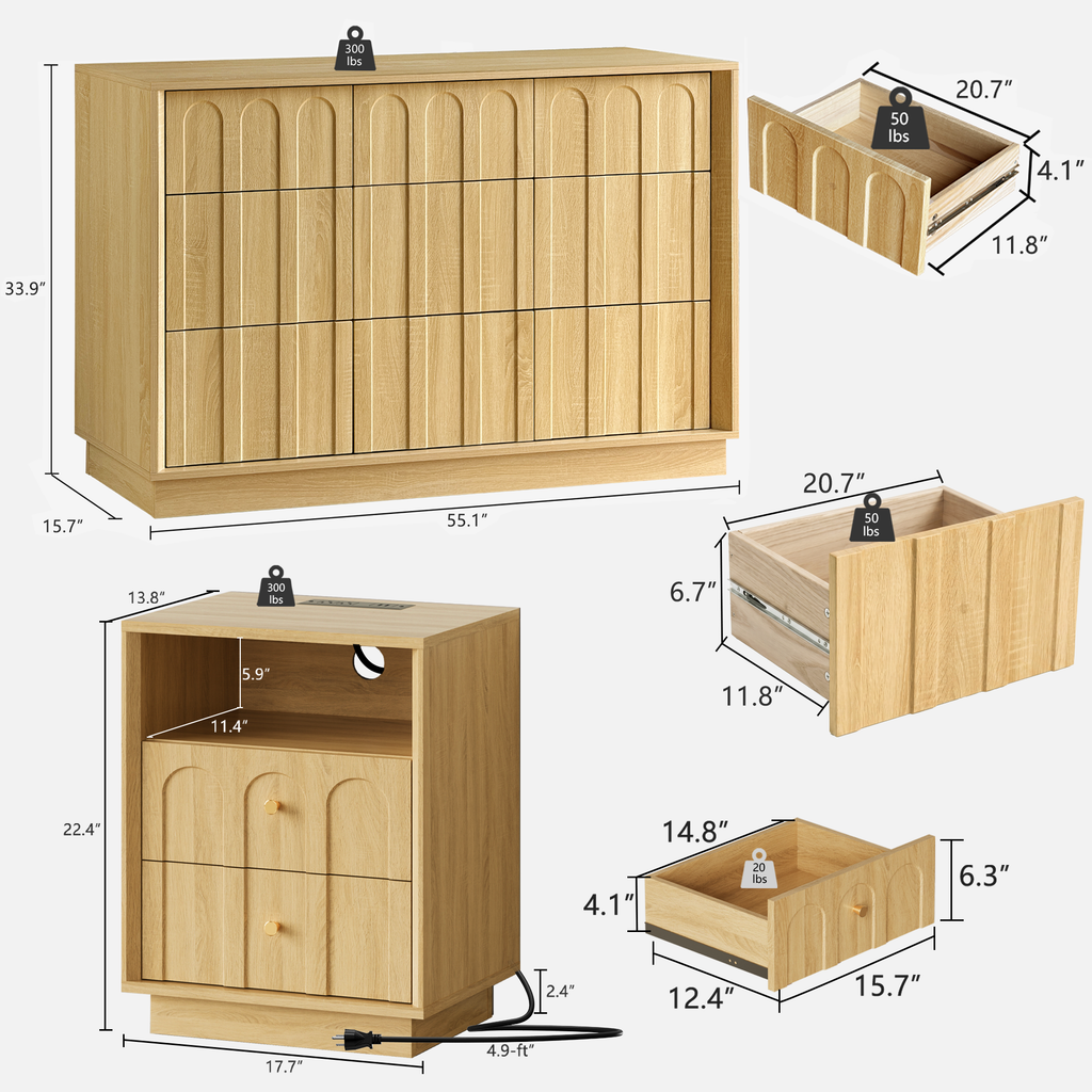 Wetalus 9 Drawer Mid-Century Dresser Nightstand set, 55" Wood Chest of Drawers, Storage Organizer for Bedroom, Oak