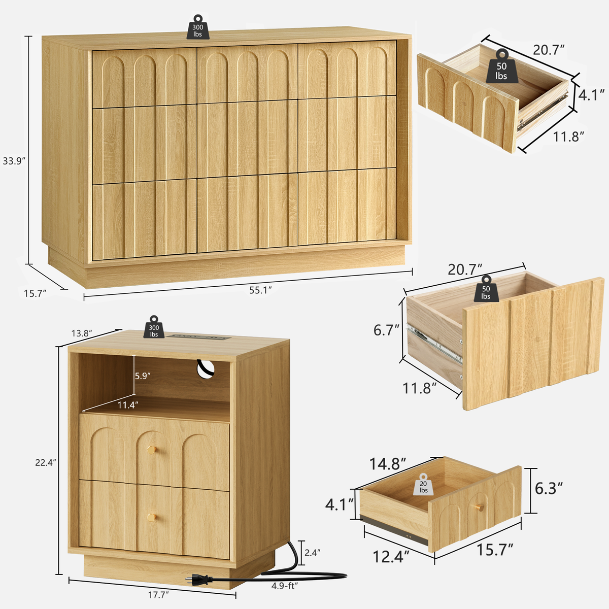 Wetalus 9 Drawer Mid-Century Dresser Nightstand set, 55" Wood Chest of Drawers, Storage Organizer for Bedroom, Oak