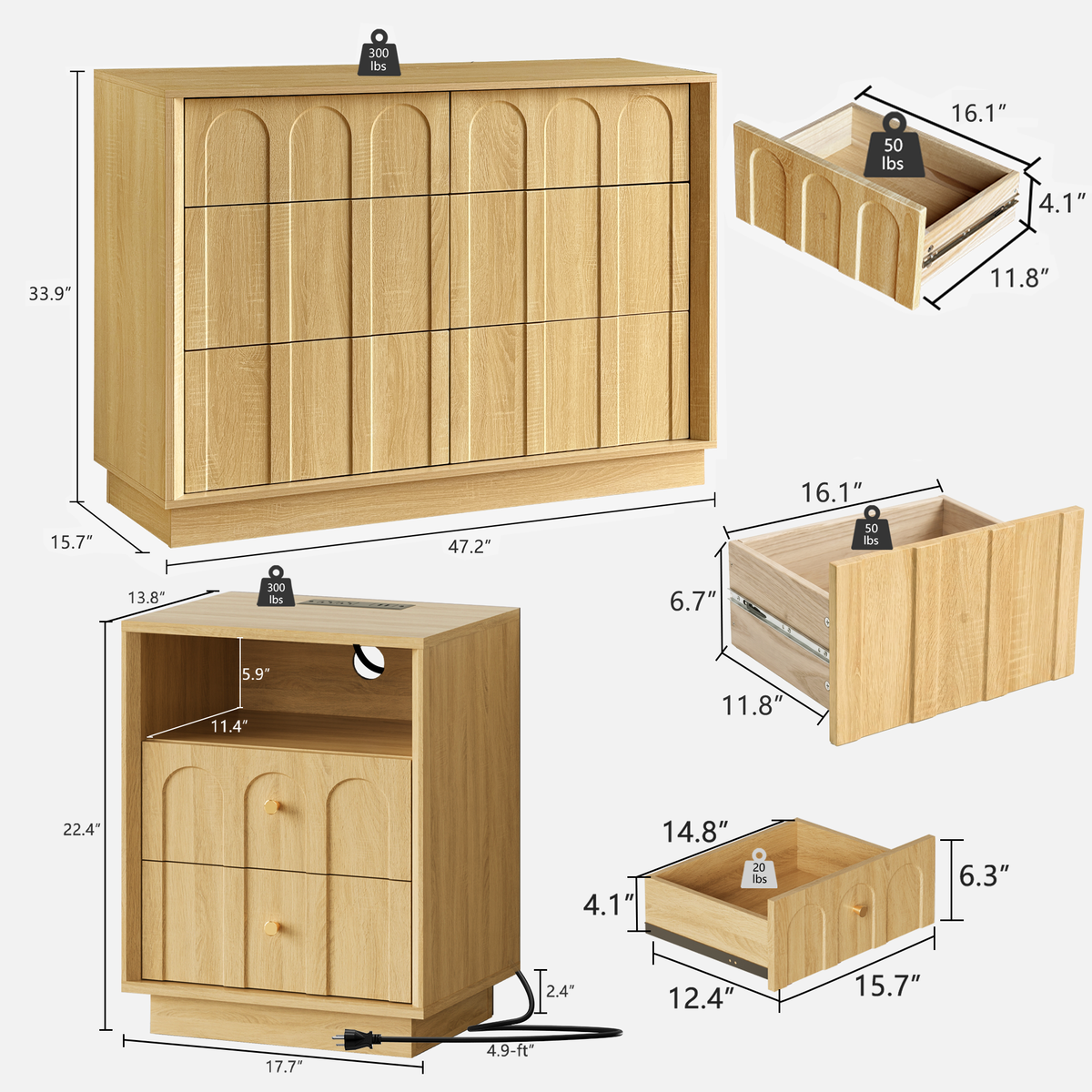 Wetalus 6 Drawer Mid-Century Dresser Nightstand Set, 47" Wood Chest of Drawers, Storage Organizer for Bedroom , Oak