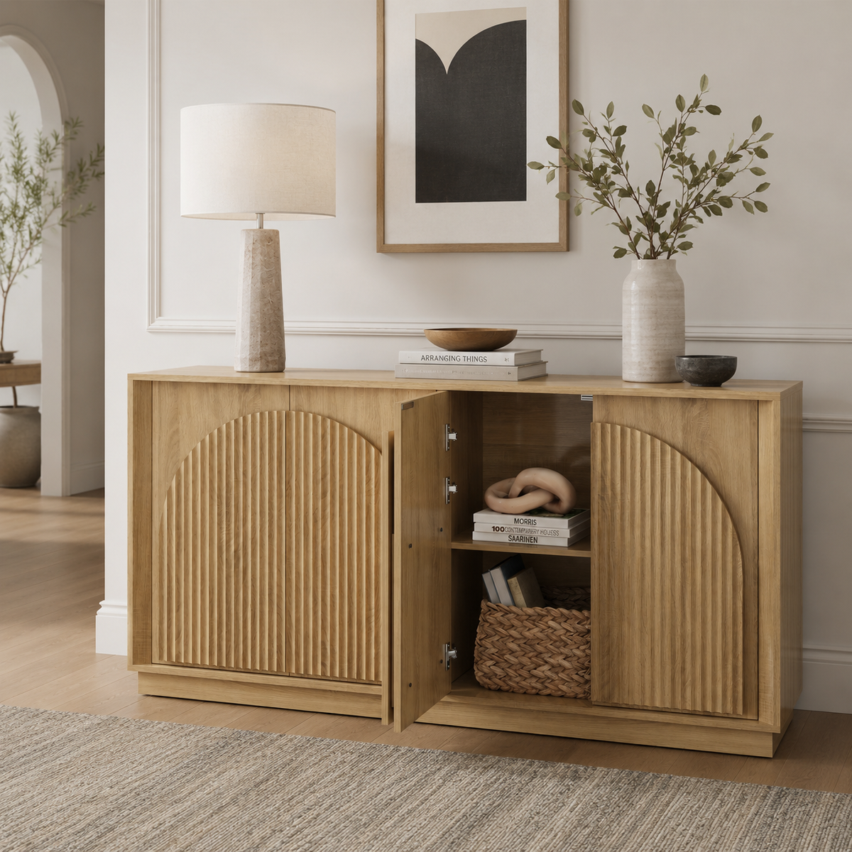 Wetalus 65.3" Mid-Century Modern Fluted Sideboard Buffet Cabinet with Storage,Oak