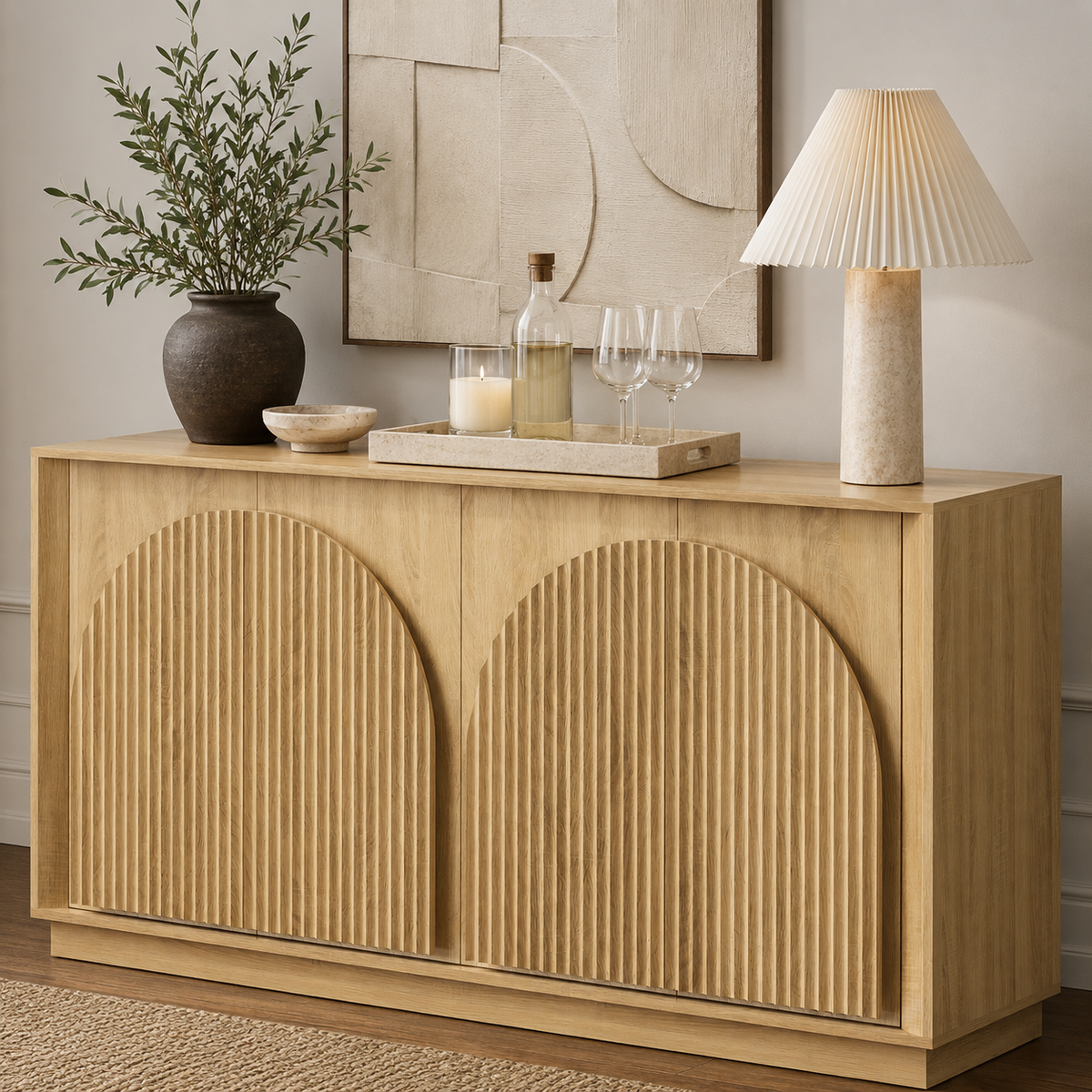 Wetalus 65.3" Mid-Century Modern Fluted Sideboard Buffet Cabinet with Storage,Oak