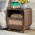 Walnut Rattan Nightstands, 2-Pack – Boho Bedside Tables with Drawer