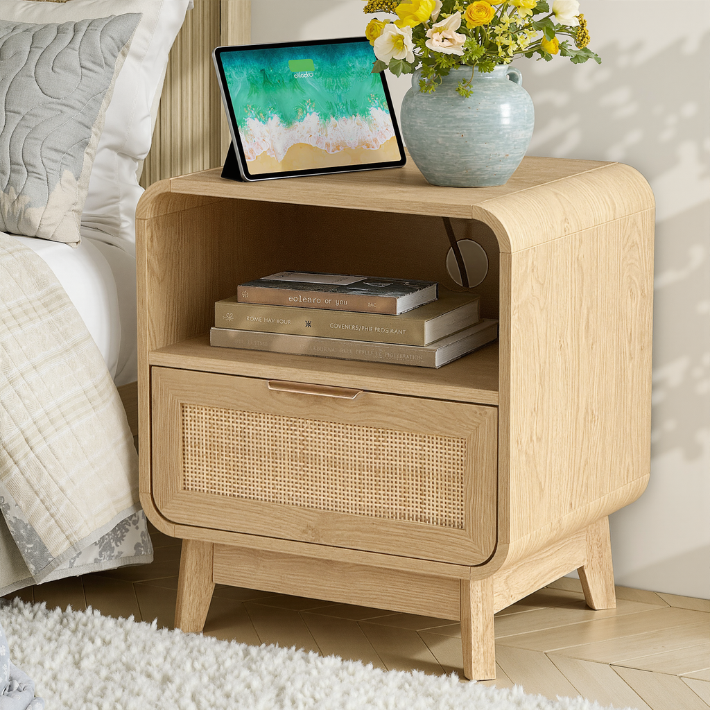 Oak  Rattan Nightstand – Boho Bedside Table with Drawer