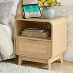 Oak  Rattan Nightstand – Boho Bedside Table with Drawer