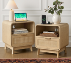 Oak Rattan Nightstands, 2-Pack – Boho Bedside Tables with Drawer