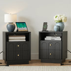 Mid-Century Black Wood Arch Nightstand with Drawers set 2