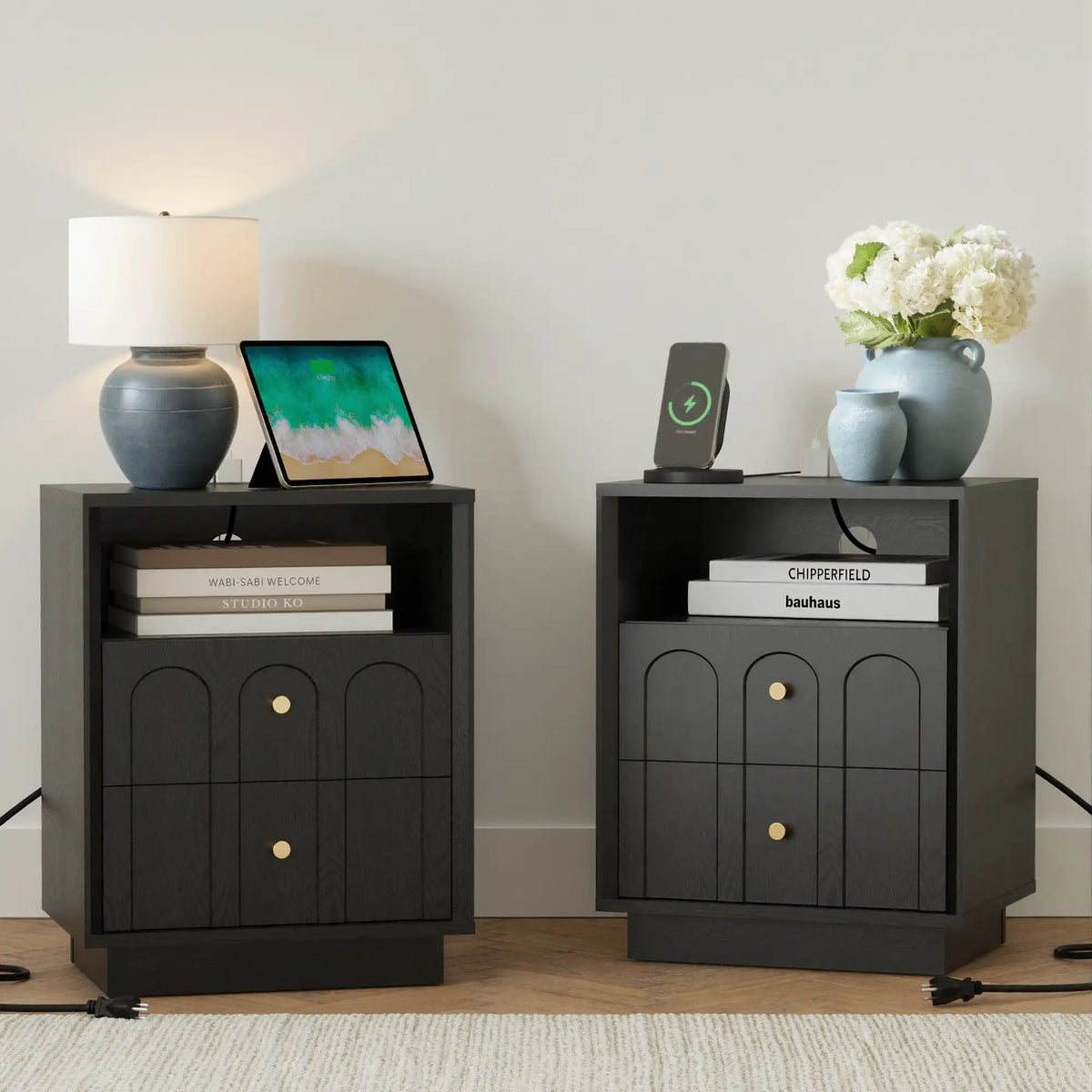Mid-Century Black Wood Arch Nightstand with Drawers set 2
