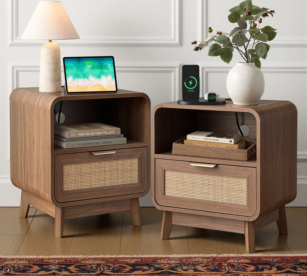 Walnut Rattan Nightstands, 2-Pack – Boho Bedside Tables with Drawer