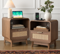 Walnut Rattan Nightstands, 2-Pack – Boho Bedside Tables with Drawer