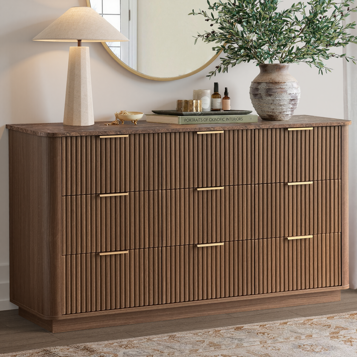 Wetalus 55.1" Mid Century Modern 9 Drawer Dresser, Recessed Design,Walnut
