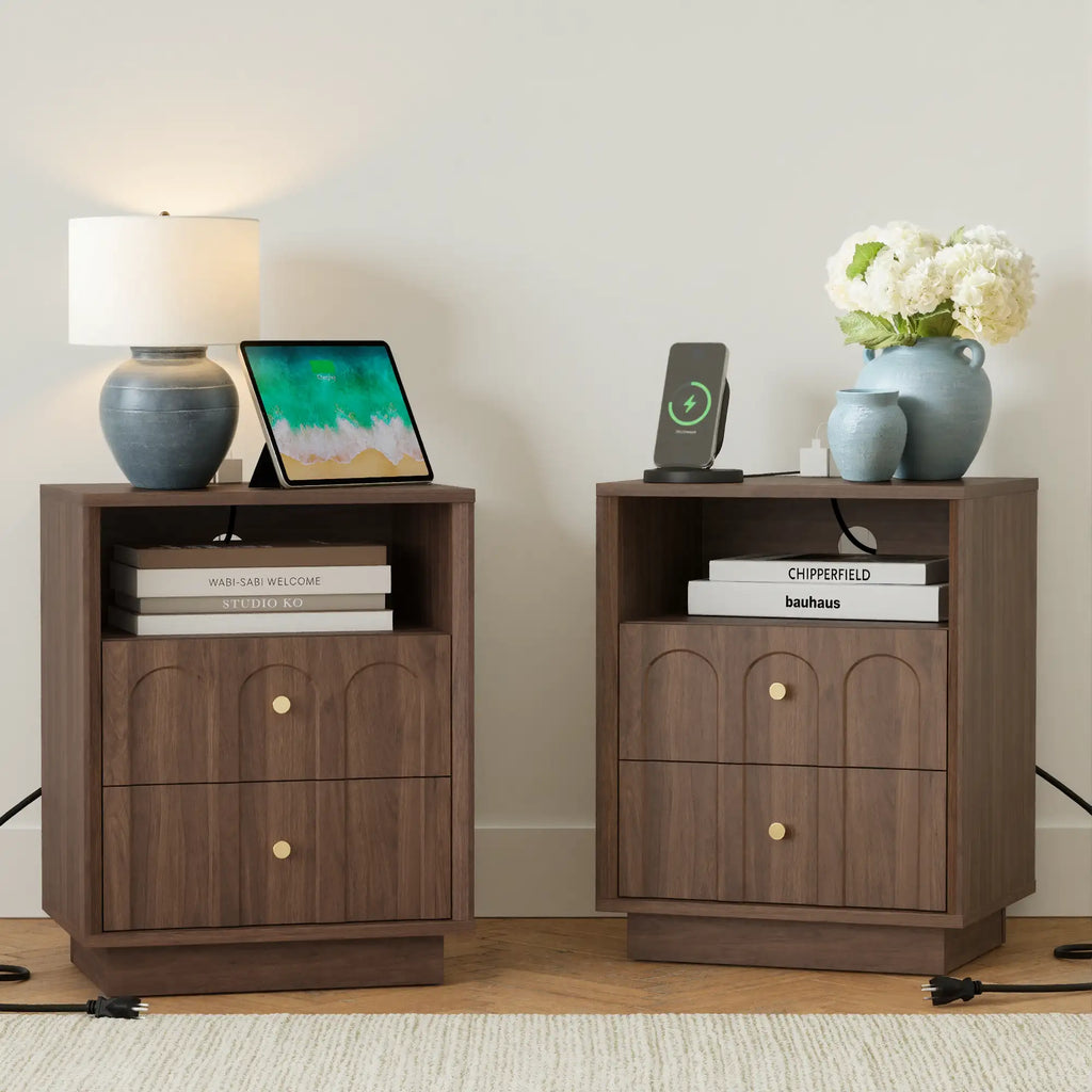 Mid-Century Walnut Nightstand with Arch Design Set 2