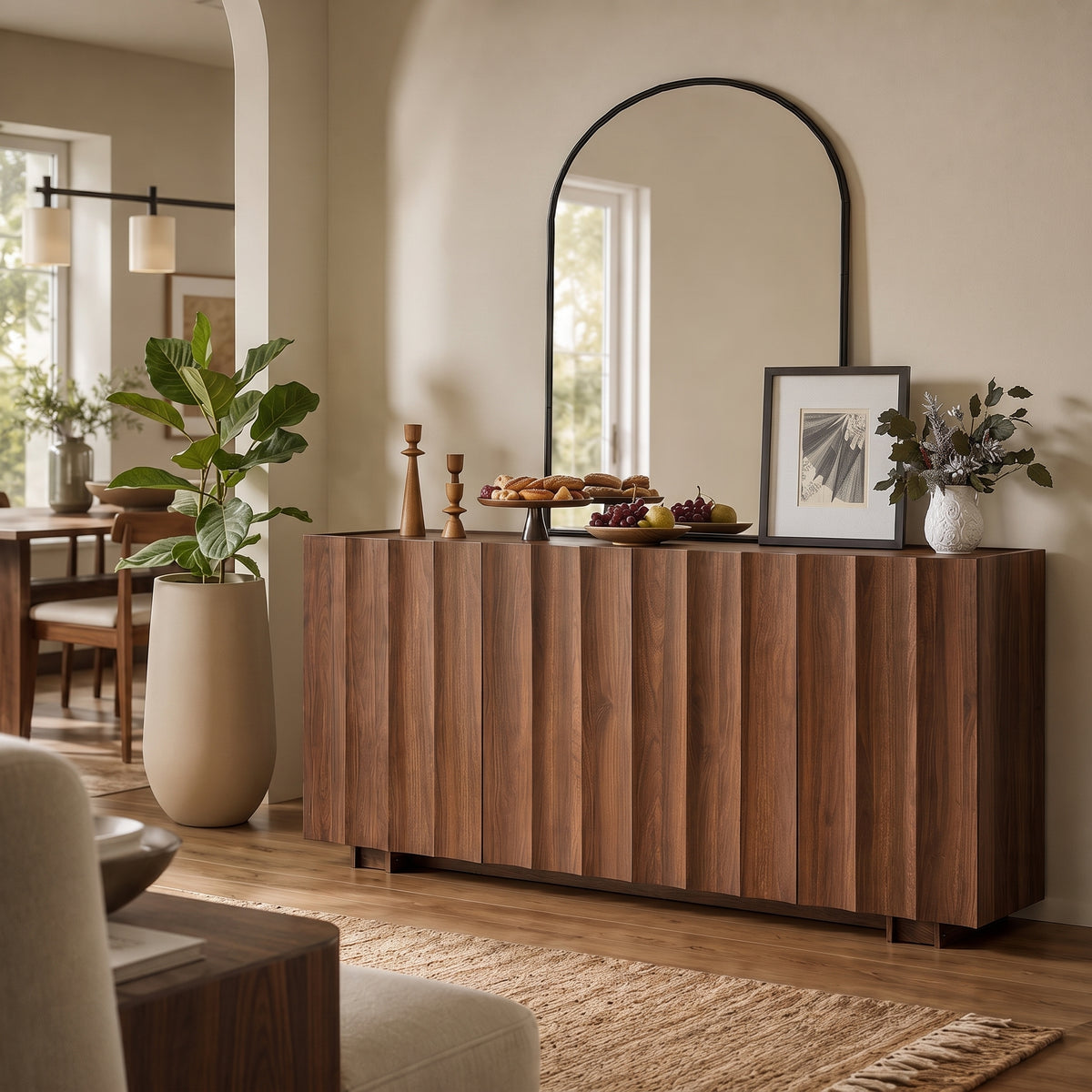 Wetalus 61.7"Mid Century Modern Sideboard Buffet Cabinet with Wave Design, Adjustable Shelves, Wood Grain Finish, Walnut