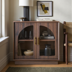 Wetalus 31.5" Sideboard Buffet Cabinet with Arched Glass Doors, Adjustable Divider, Walnut