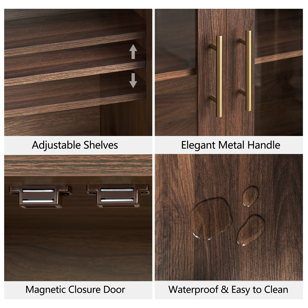 Wetalus 64.1" Sideboard Buffet Cabinet with Arched Glass Doors,1 Adjustable Divider, Walnut