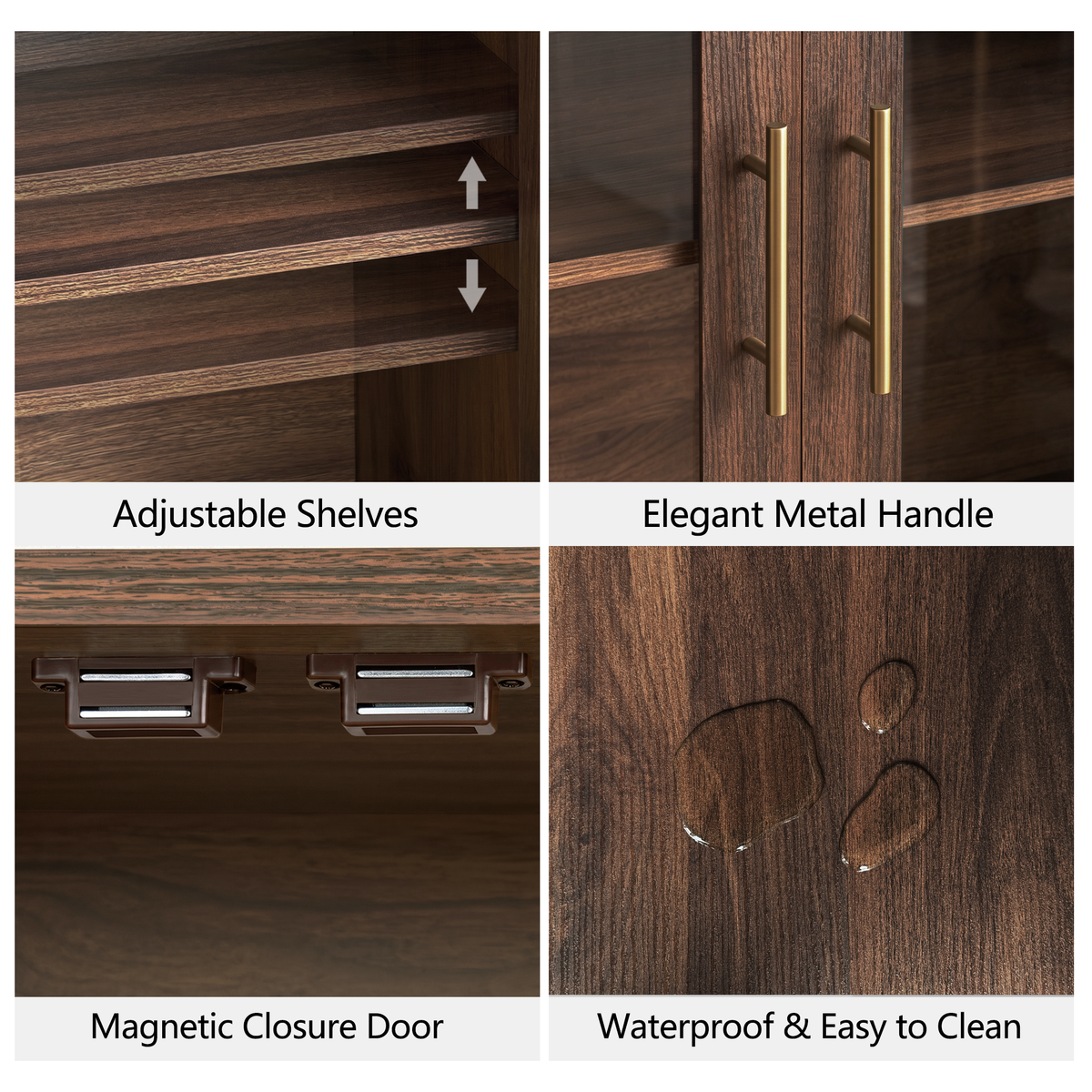 Wetalus 64.1" Sideboard Buffet Cabinet with Arched Glass Doors,1 Adjustable Divider, Walnut