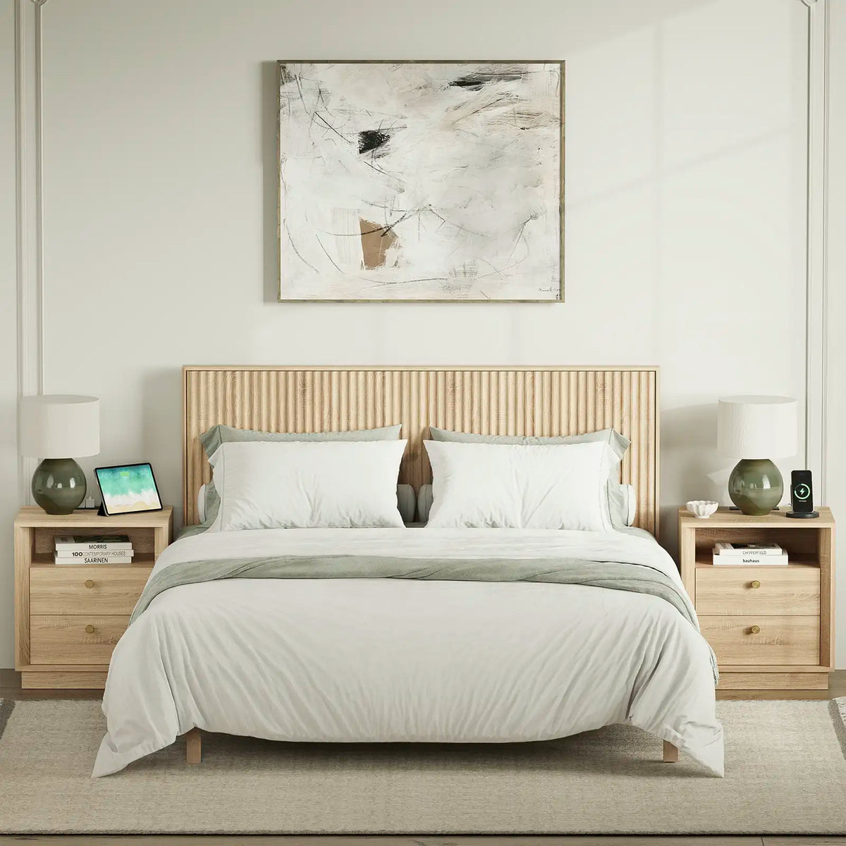 Mid-Century Modern White Oak Nightstand with Beveled Set 2