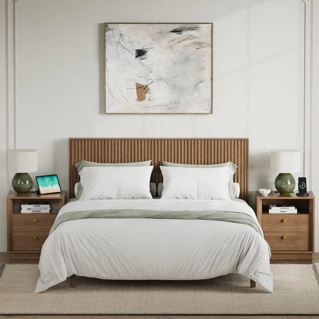Mid-Century Modern Walnut Wood Nightstand with Beveled set 2