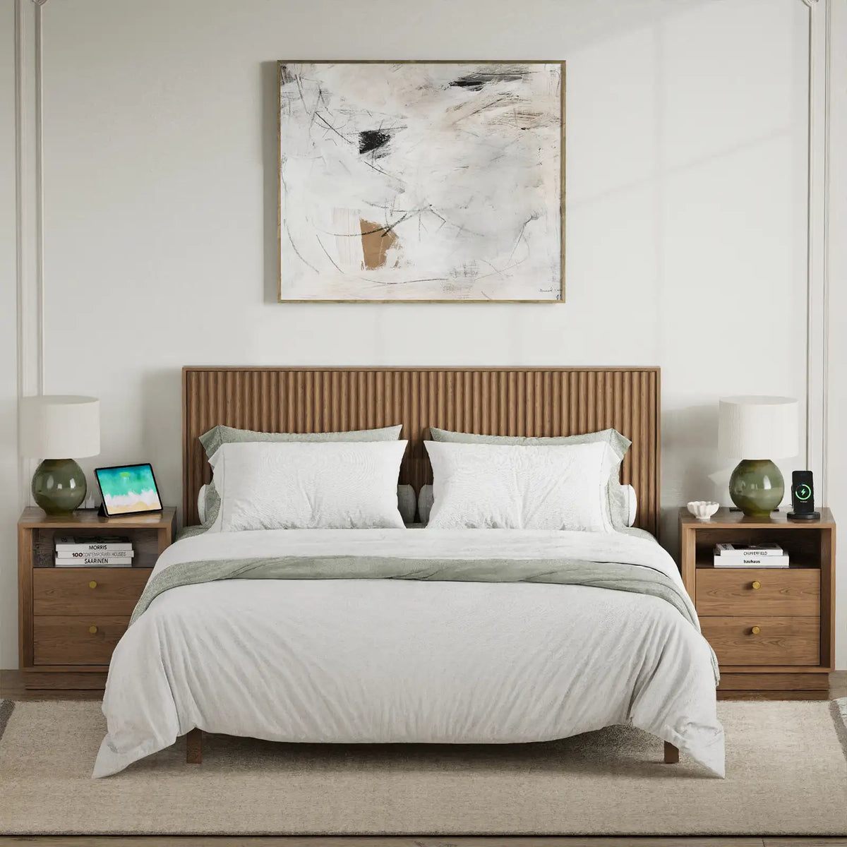 Mid-Century Modern Walnut Wood Nightstand with Beveled set 2