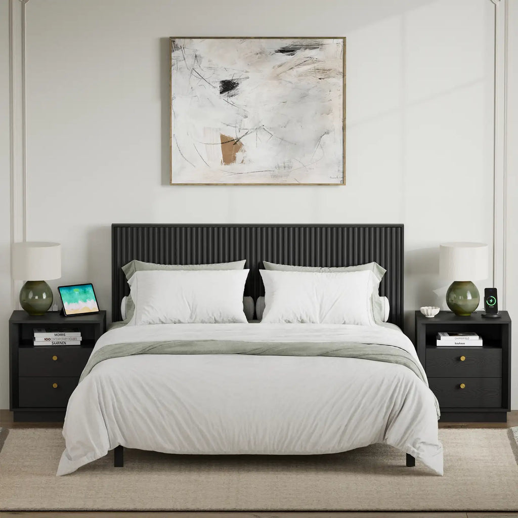 Mid-Century Modern Black Wood Nightstand with Beveled