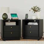 Mid-Century Modern Black Wood Nightstand with Beveled Set 2