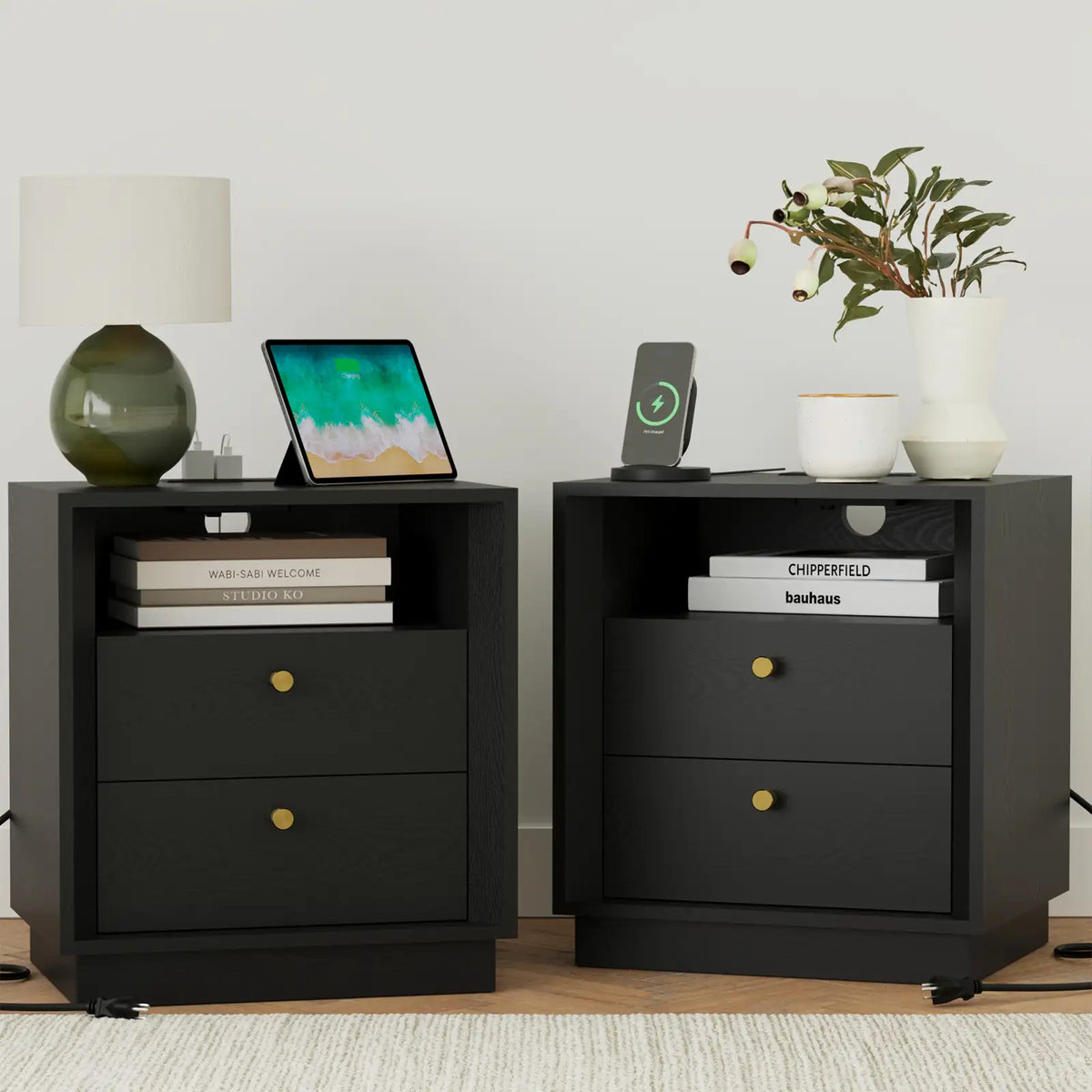 Mid-Century Modern Black Wood Nightstand with Beveled Set 2