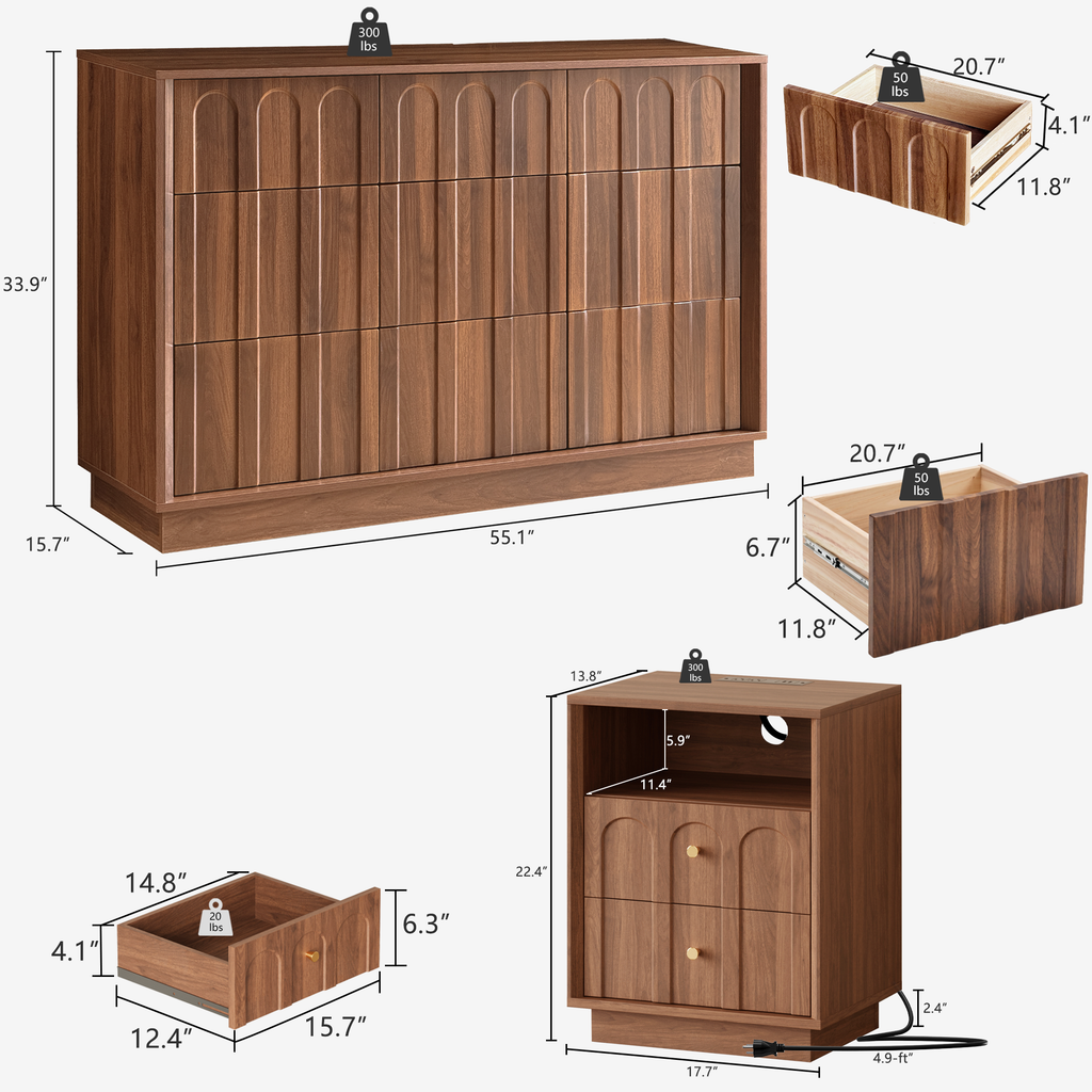 Wetalus 9-Drawer Mid-Century Modern Dresser Nightstand Set for Bedroom, 55", Walnut