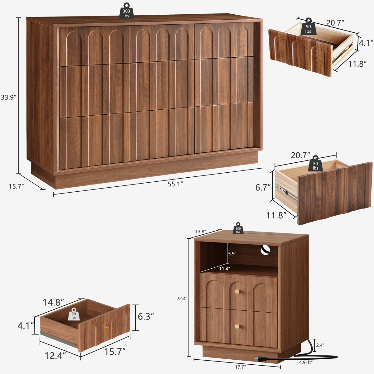 Wetalus 9-Drawer Mid-Century Modern Dresser Nightstand Set for Bedroom, 55", Walnut