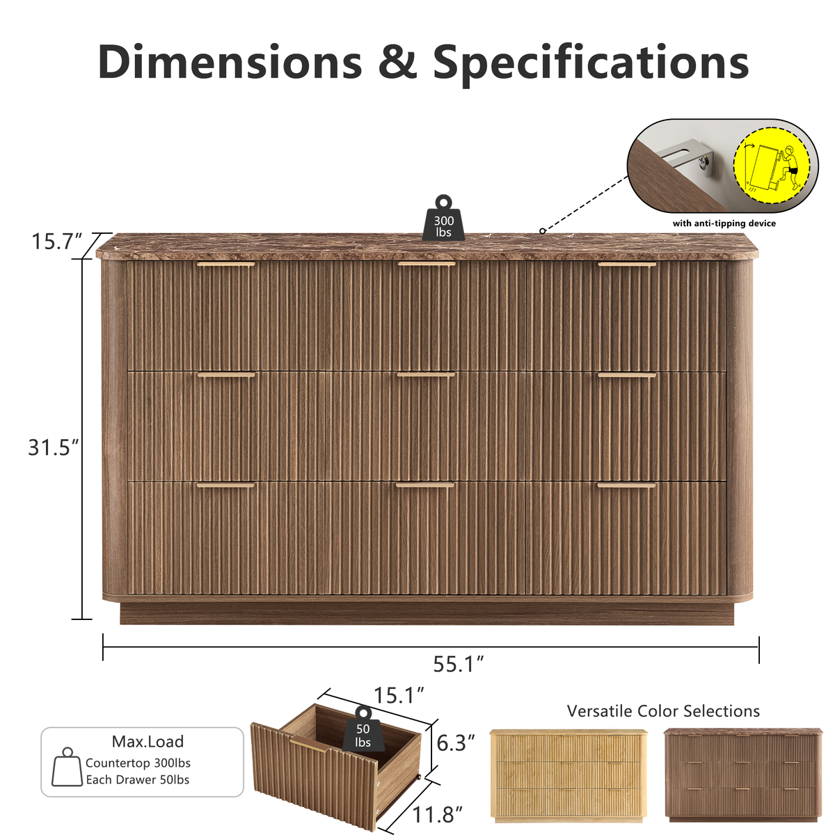Wetalus 55.1" Mid Century Modern 9 Drawer Dresser, Recessed Design,Walnut