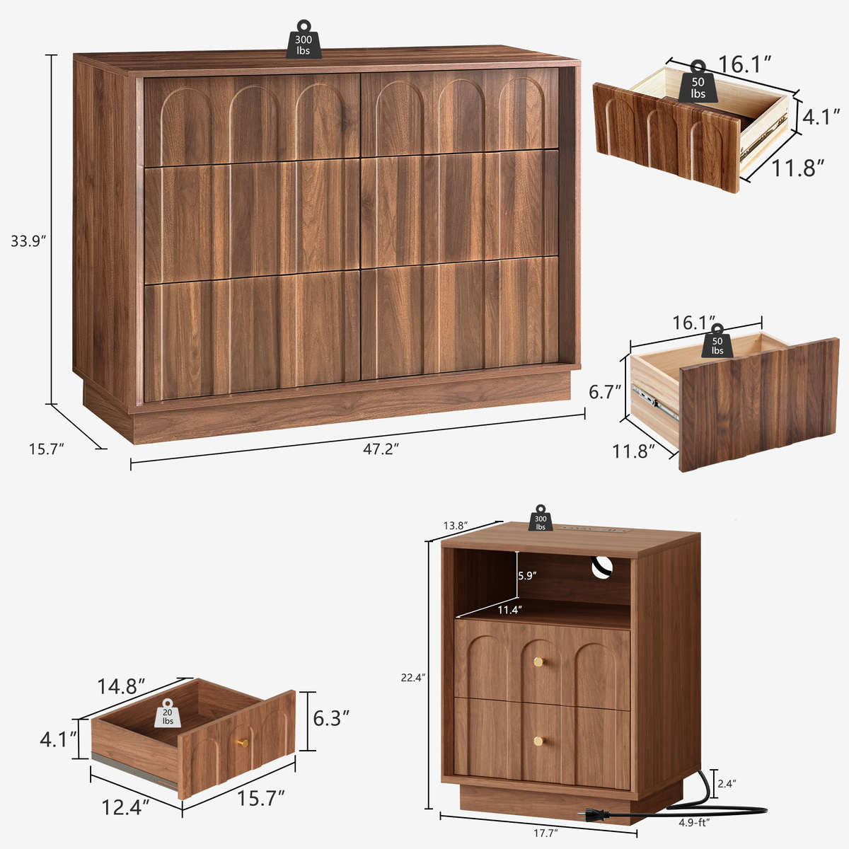 Mid Century Modern Dresser, 6 Drawer Dresser with Storage, 47" Wide Chest of Drawers with Wood Grain Texture, Drawers Organizer for Bedroom, Living Room, Hallway, Walnut