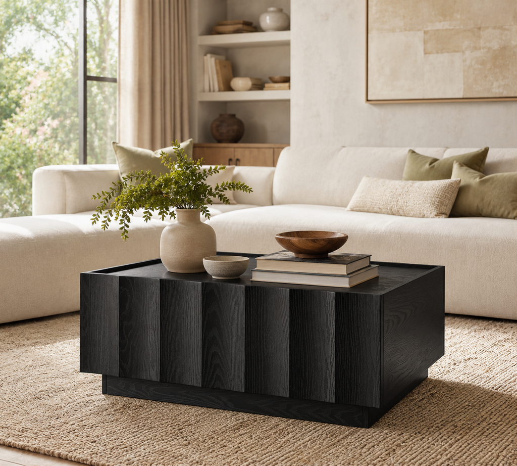 Wetalus Mid Century Modern Square Coffee Table with Storage, Wave Design,Black