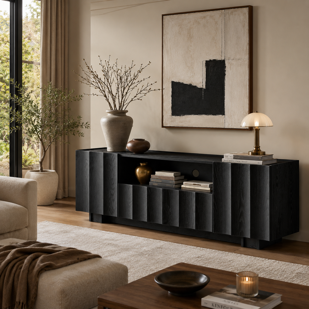 Wetalus 61" Mid Century Modern TV Stand, Adjustable Shelves, Wave Design, Black