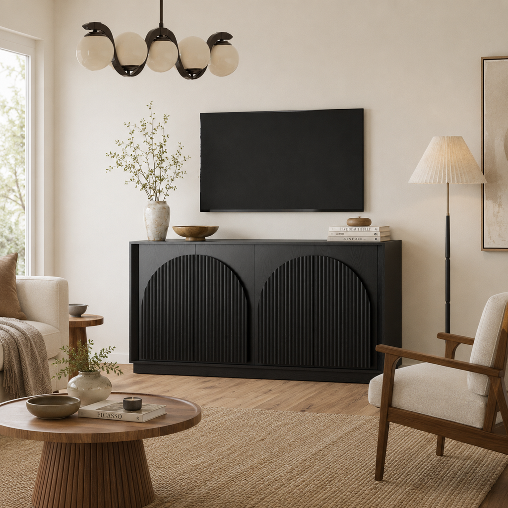 Wetalus 65.3" Mid-Century Modern Fluted Sideboard Buffet Cabinet with Storage,Black
