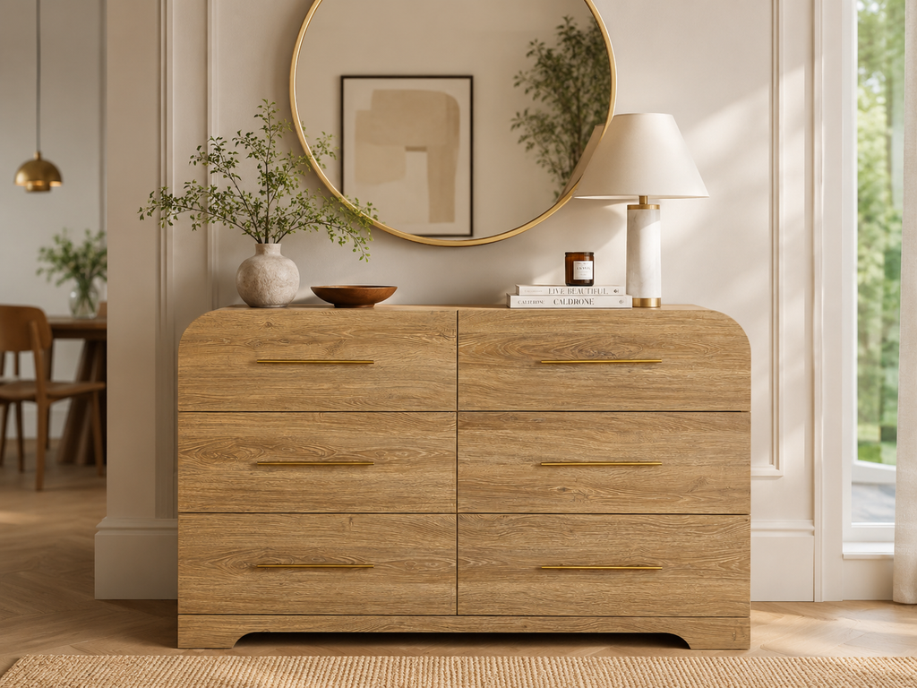 Wetalus 47.2" Mid Century Modern 6 Drawer Dresser, Curved side,Oak