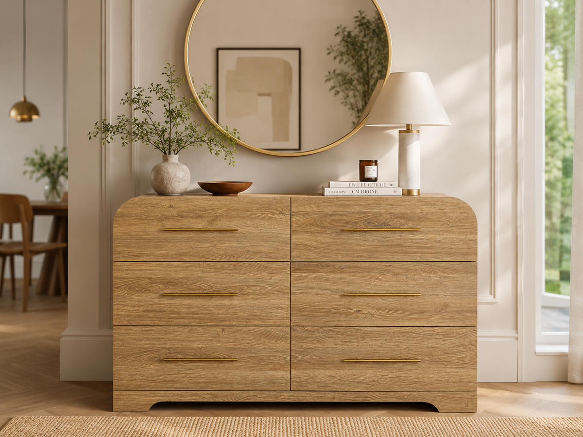Wetalus 47.2" Mid Century Modern 6 Drawer Dresser, Curved side,Oak