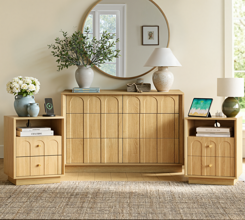 Wetalus 6 Drawer Mid-Century Dresser Nightstand Set, 47" Wood Chest of Drawers, Storage Organizer for Bedroom , Oak